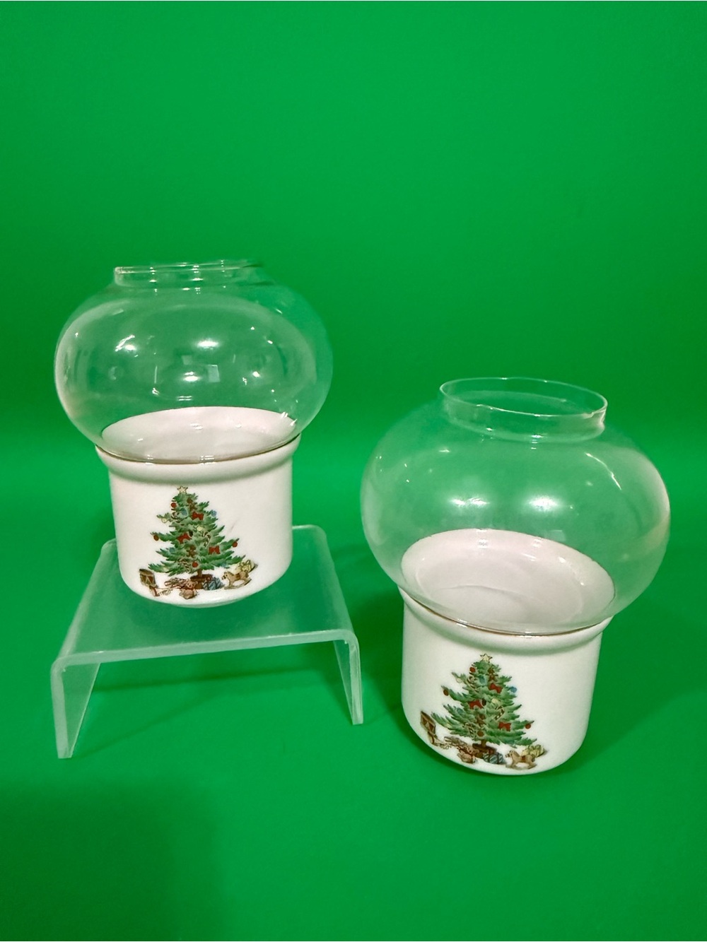 VTG Holiday Hostess Christmas Mini Hurricane Lamps Porcelain Glass Pair Tree